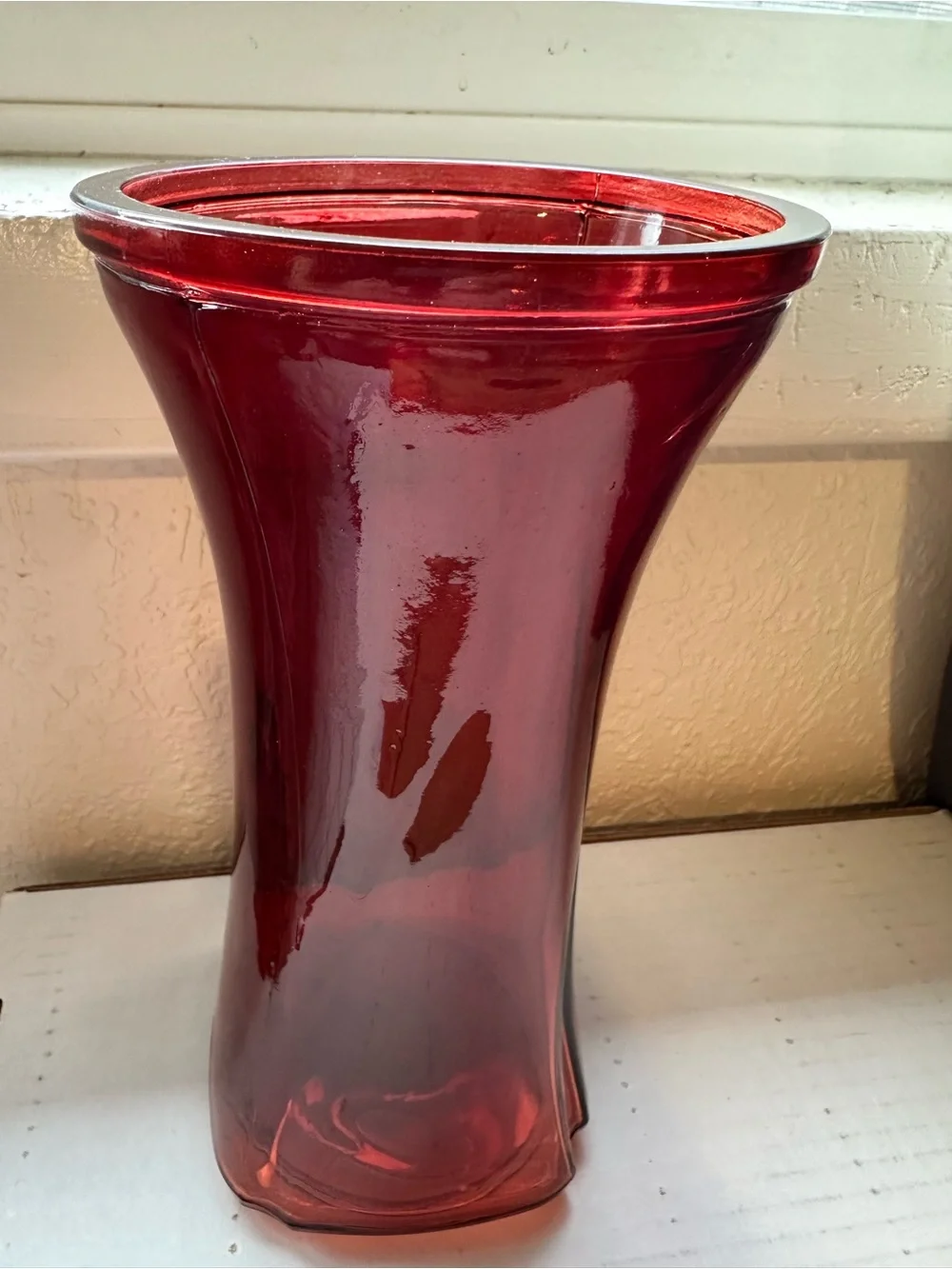 Cottagecore Home Decor Ruby Red Cranberry Gathering Vase. Flared Rim. Hourglass